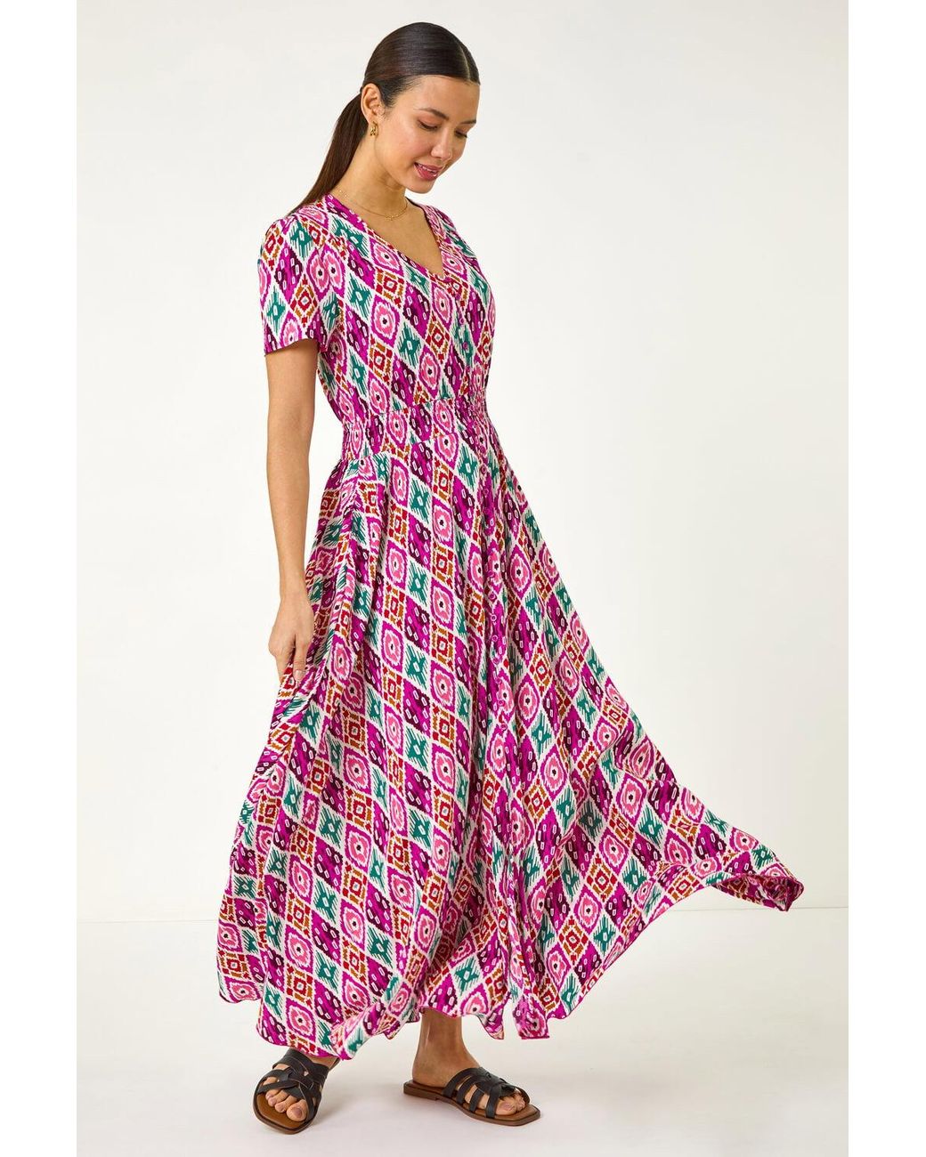 Roman Pink Lkat Print Button Through Maxi Dress