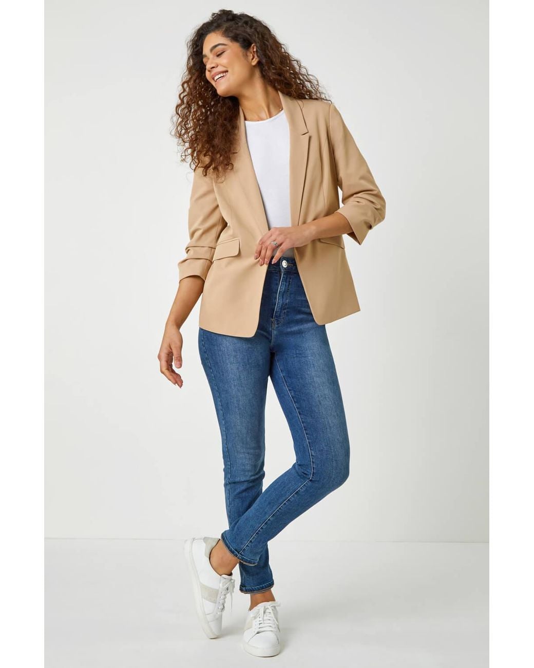 Roman Blue Ruched 3/4 Sleeve Stretch Blazer