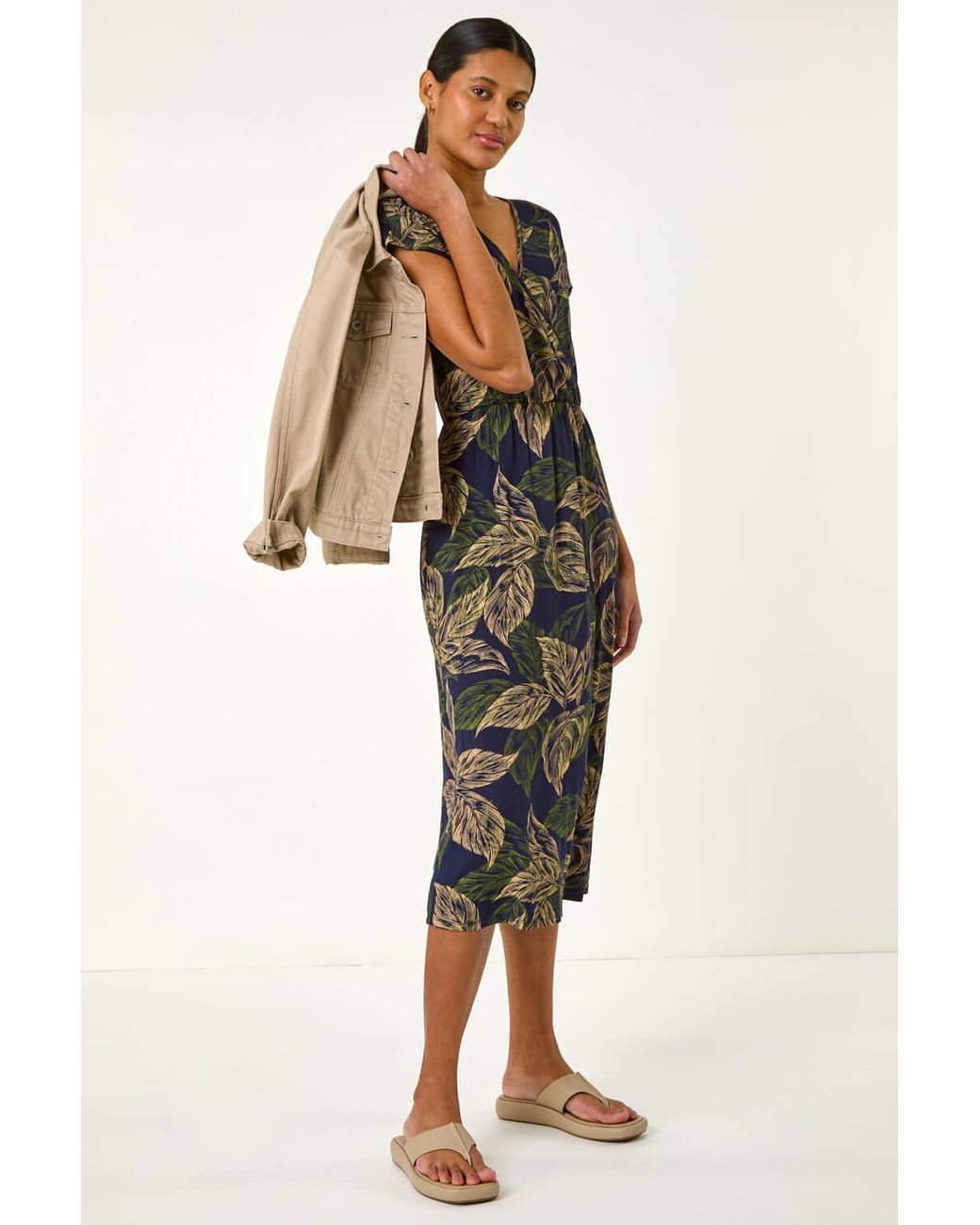Roman Blue Leaf Print Midi Wrap Dress