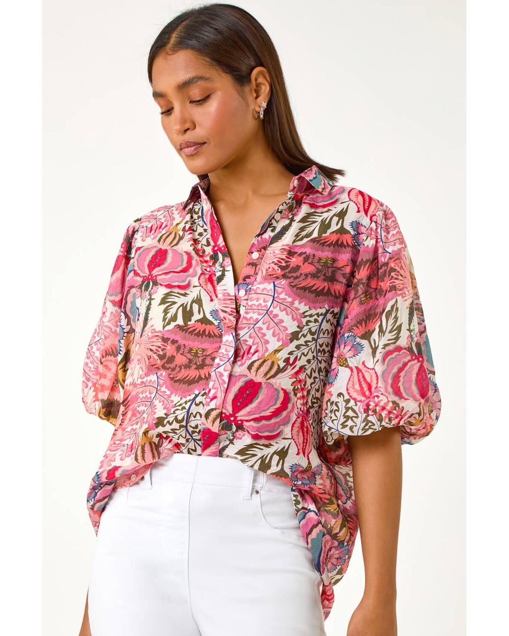 Roman Red Floral Leaf Print Puff Sleeve Shirt