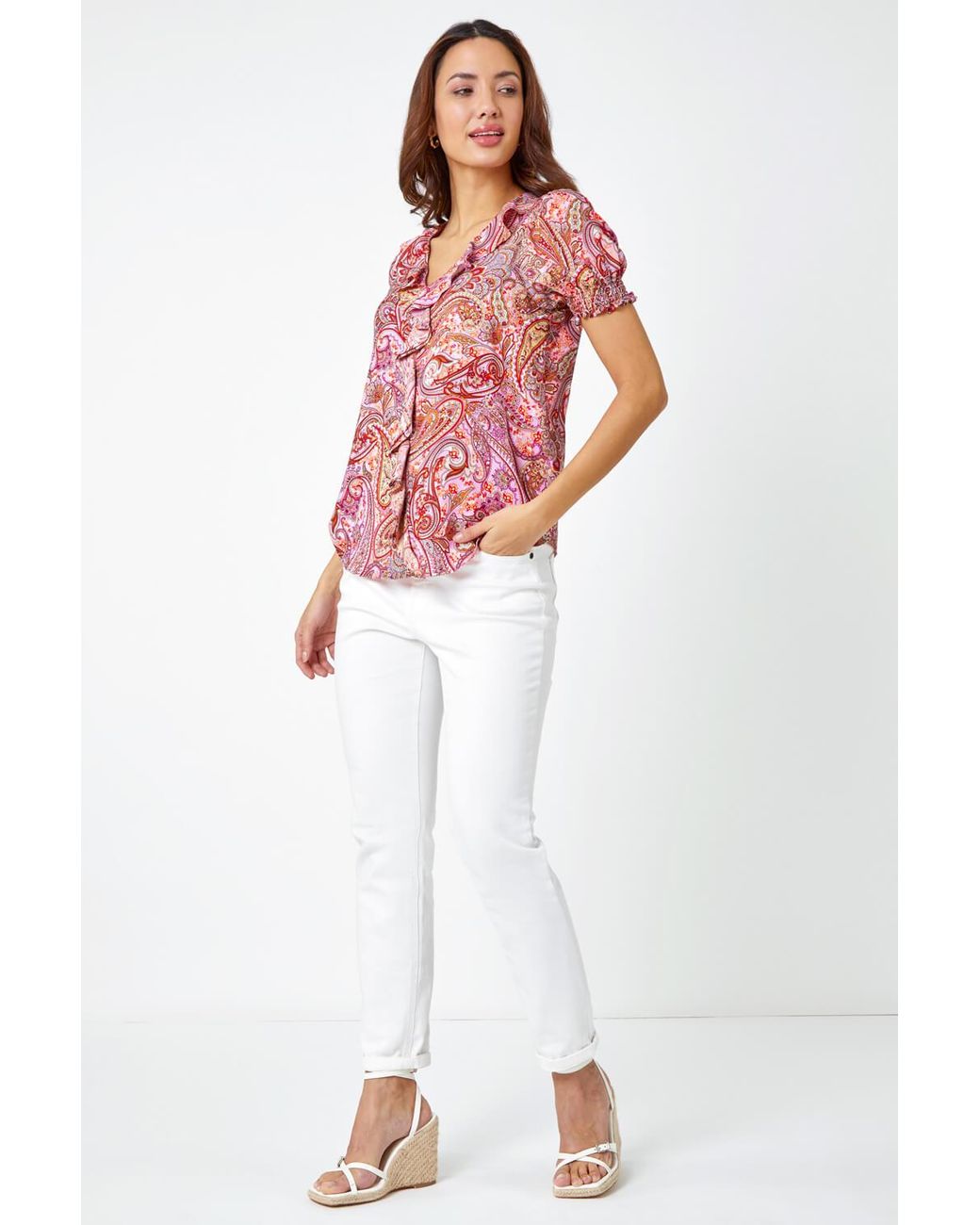 Roman Red Paisley Print V-Neck Ruffle Front Top