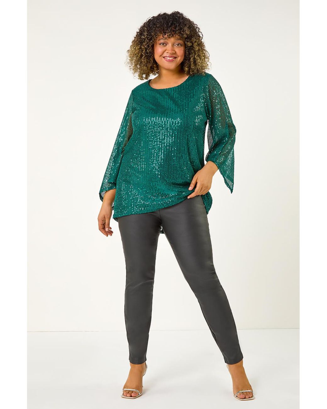 Roman Curve Green Sequin Flared Sleeve Top