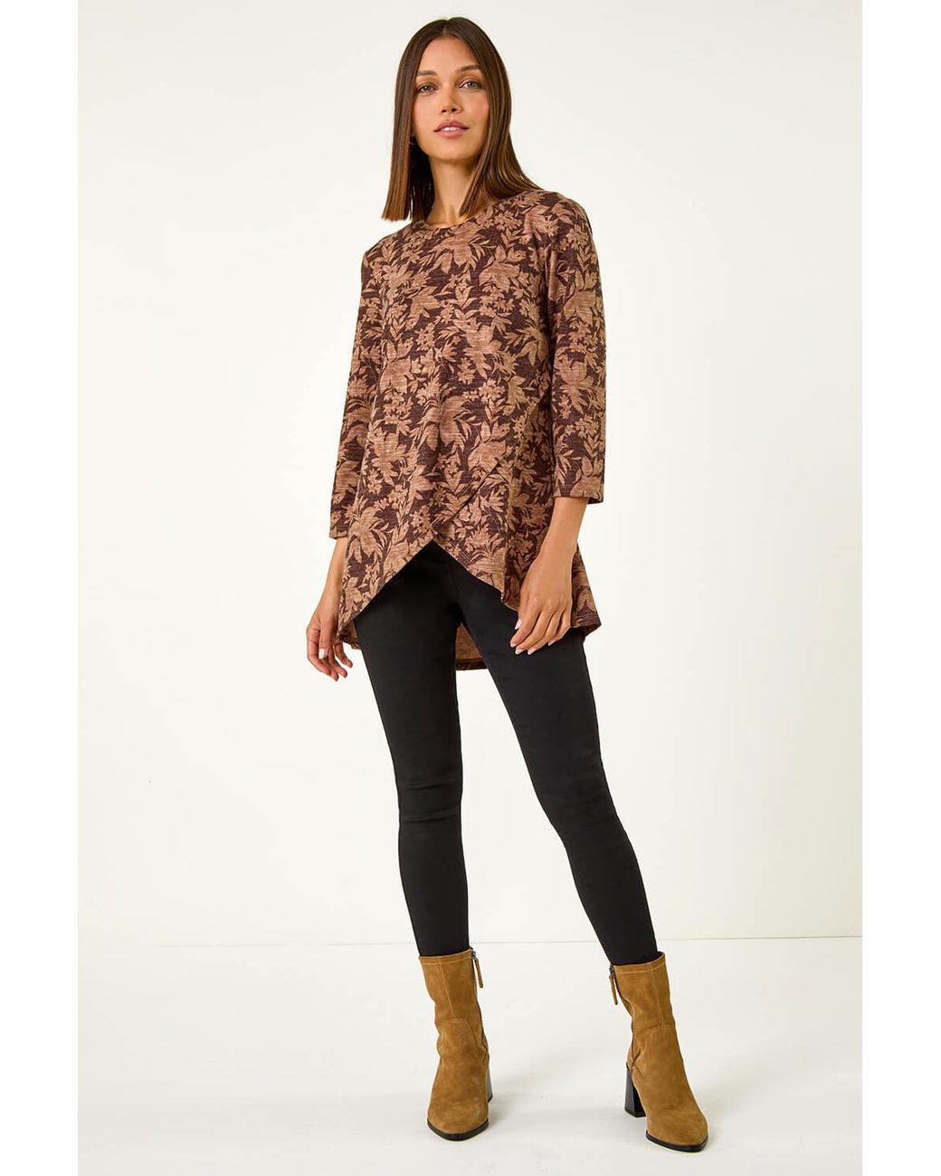 Roman Brown Stretch Floral Print Wrap Tunic