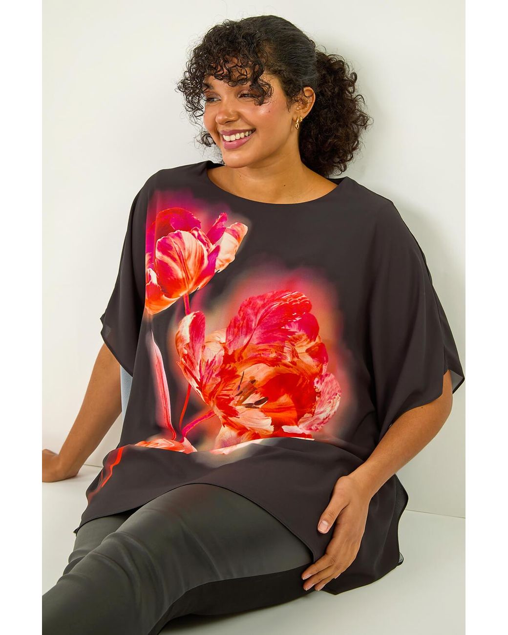 Roman Curve Red Floral Overlay Top