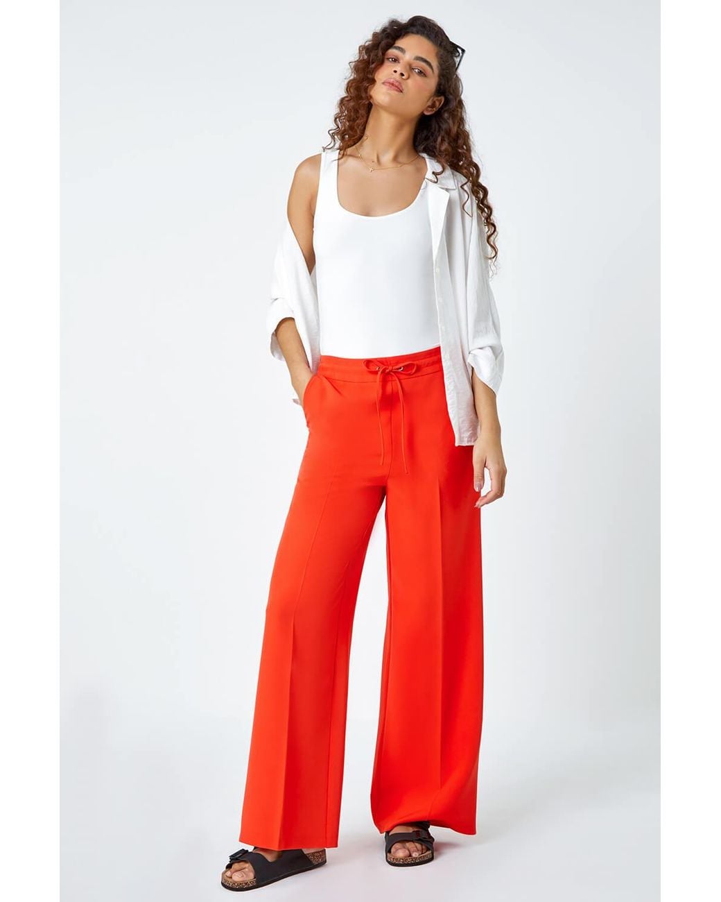 Roman Red Wide Leg Elastic Waist Tie Front Trouser
