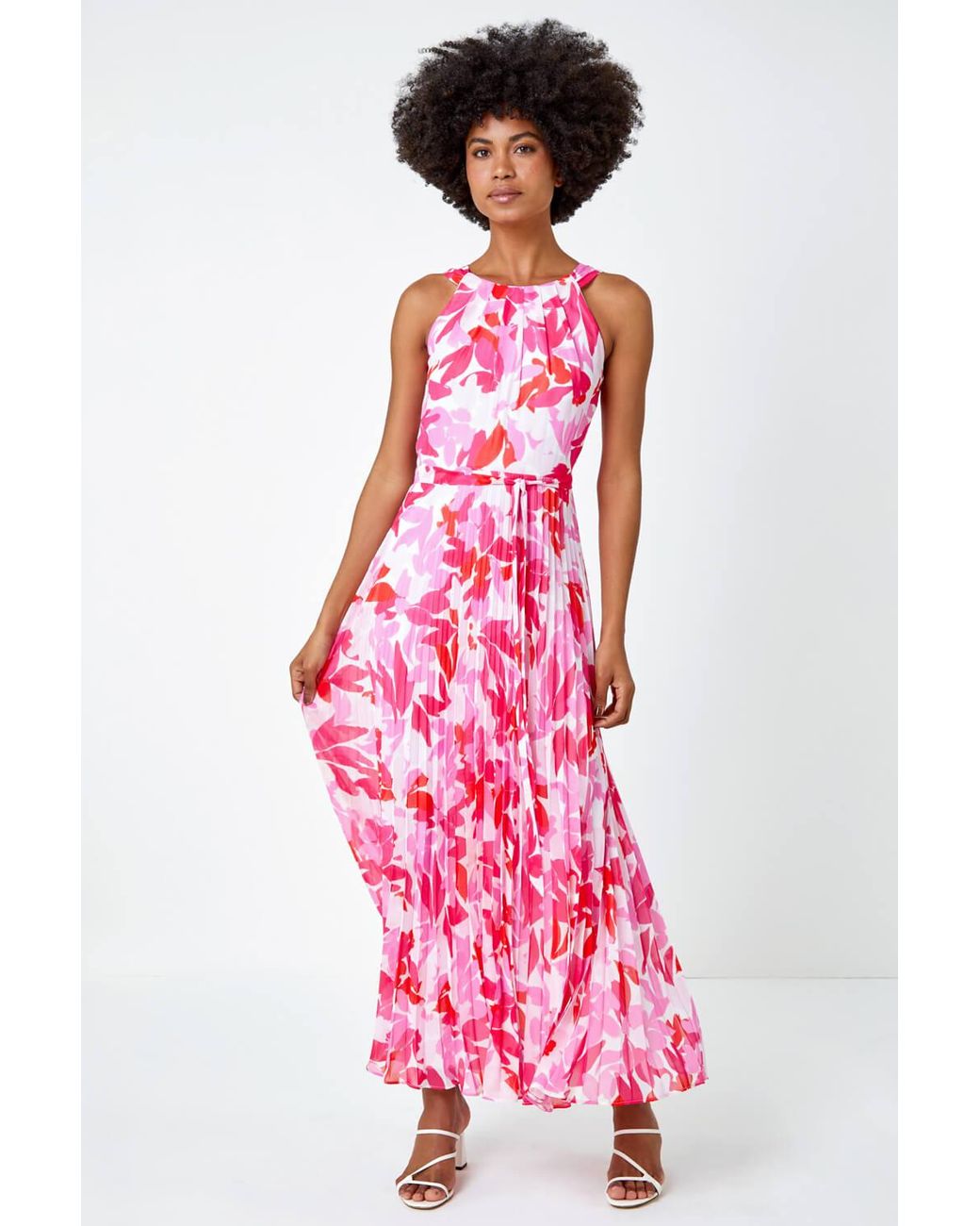 Roman Pink Floral Halter Neck Pleated Chiffon Maxi Dress