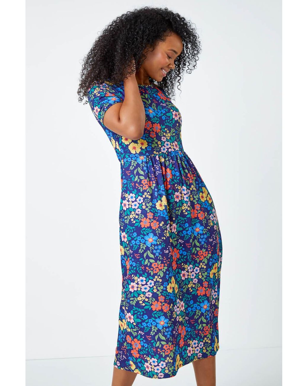 Roman Petite Blue Floral Print Midi Stretch Dress