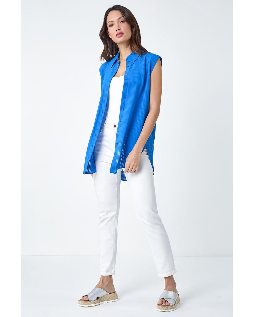 Roman Blue Textured Sleeveless Blouse
