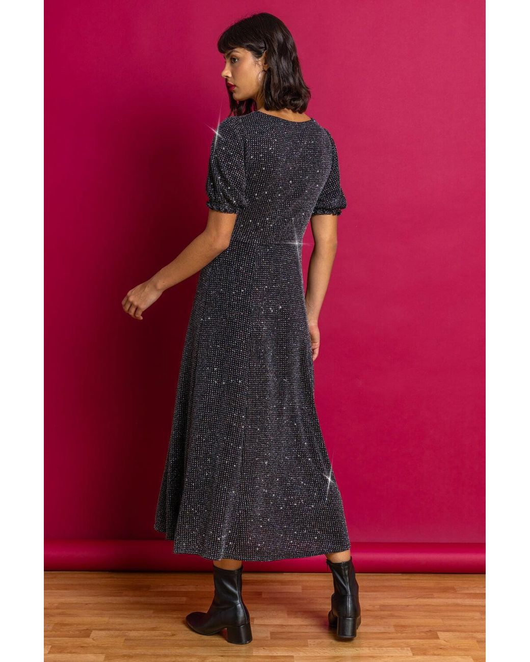 Roman Multicolor Shimmer Sweetheart Neck Midi Dress