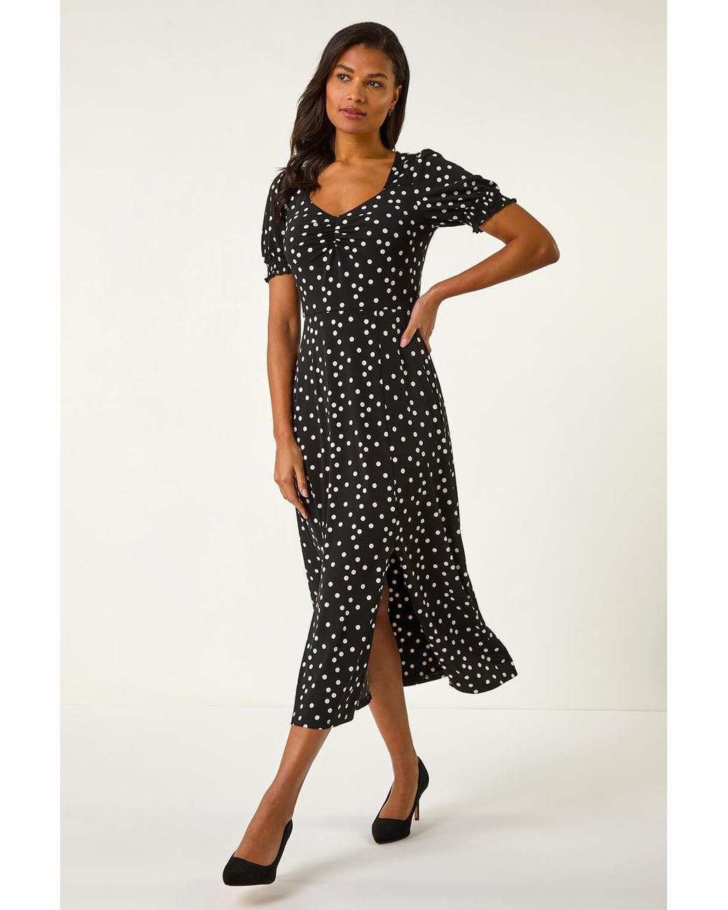 Roman Black Spot Print Sweetheart Stretch Midi Dress