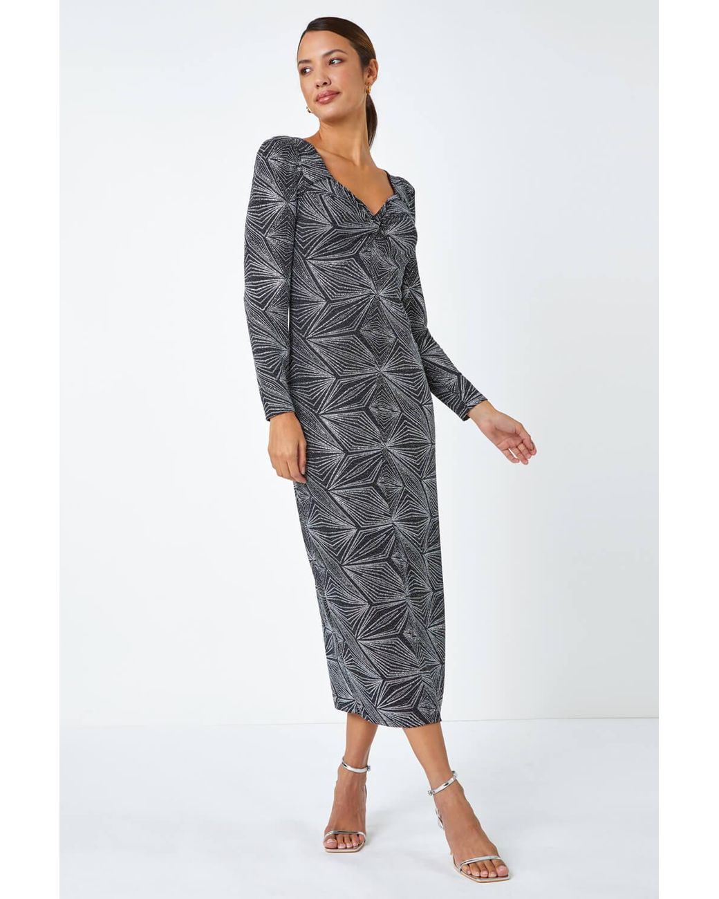 Roman Gray Geometric Glitter Print Midi Stretch Dress