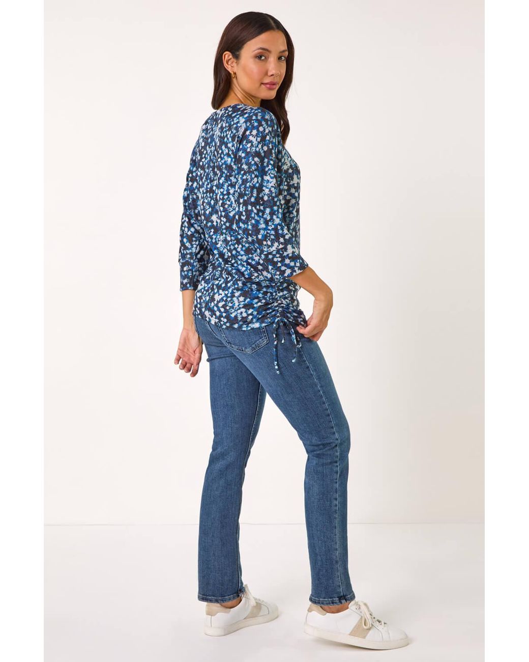 Roman Blue Abstract Print Side Tie Ruched Top