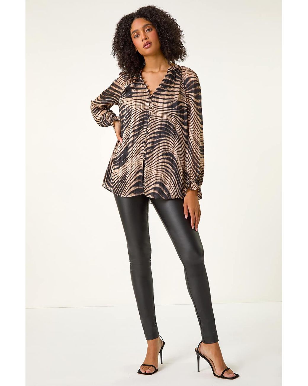Roman Brown Metallic Print Chiffon Blouse