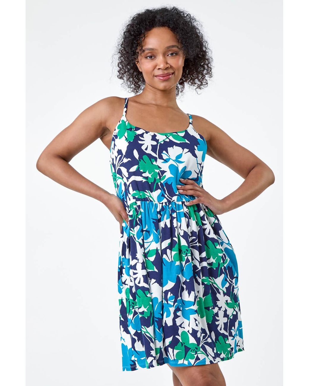 Roman Petite Blue Leaf Print Stretch Pocket Dress
