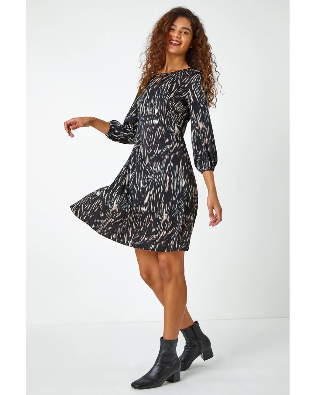 Roman Black Abstract Print Stretch Swing Dress