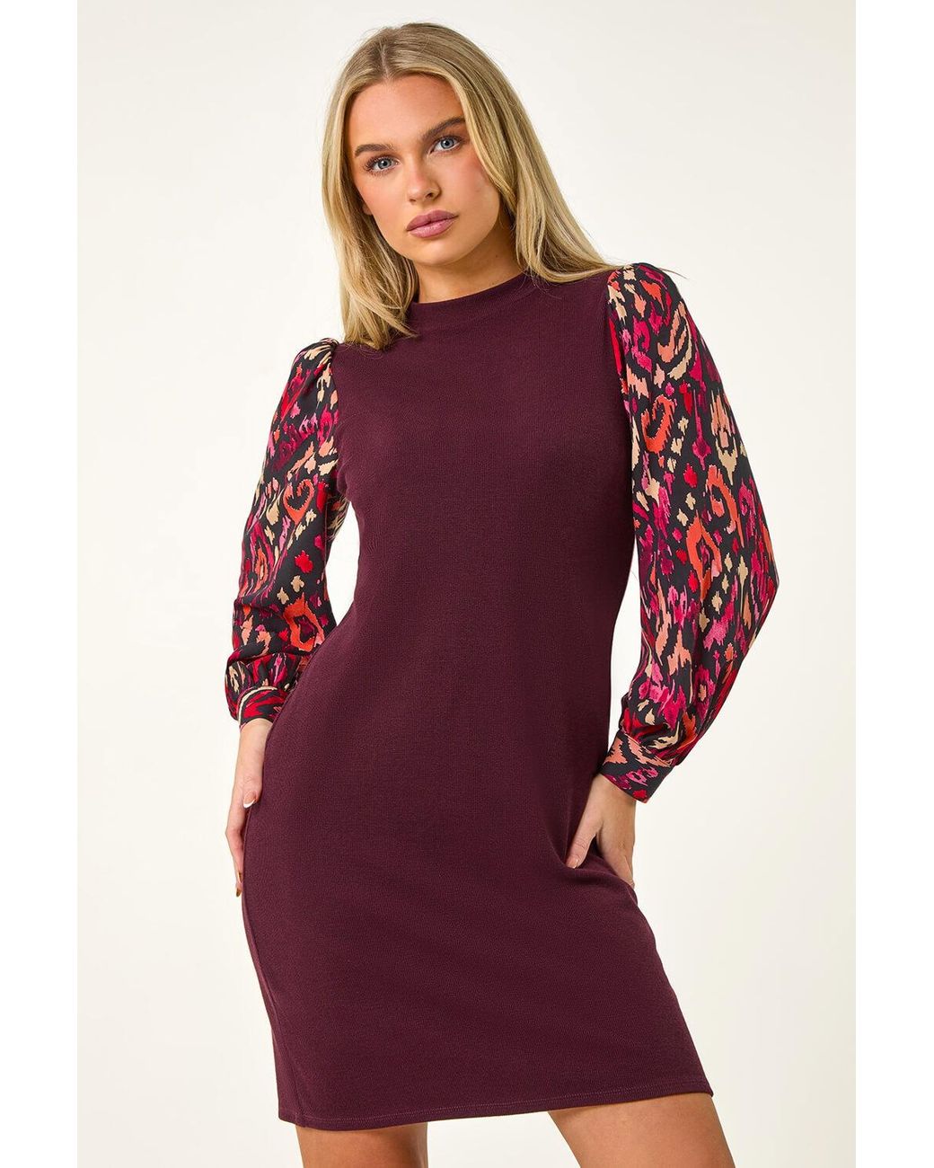 Roman Petite Red Contrast Print Stretch Shift Dress