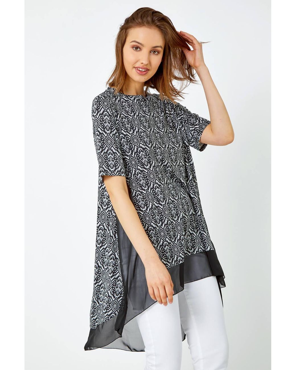 Roman White Aztec Chiffon Hem Stretch Tunic Top