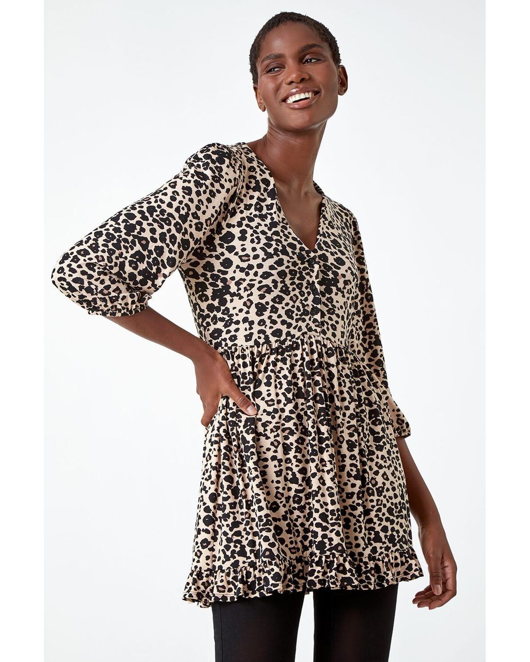 Roman Black Animal Print Stretch Tunic Top