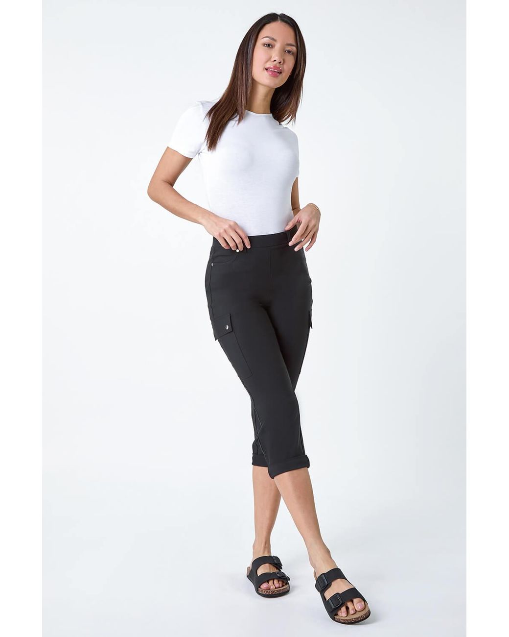 Roman White Turn Up Stretch Cropped Cargo Trousers