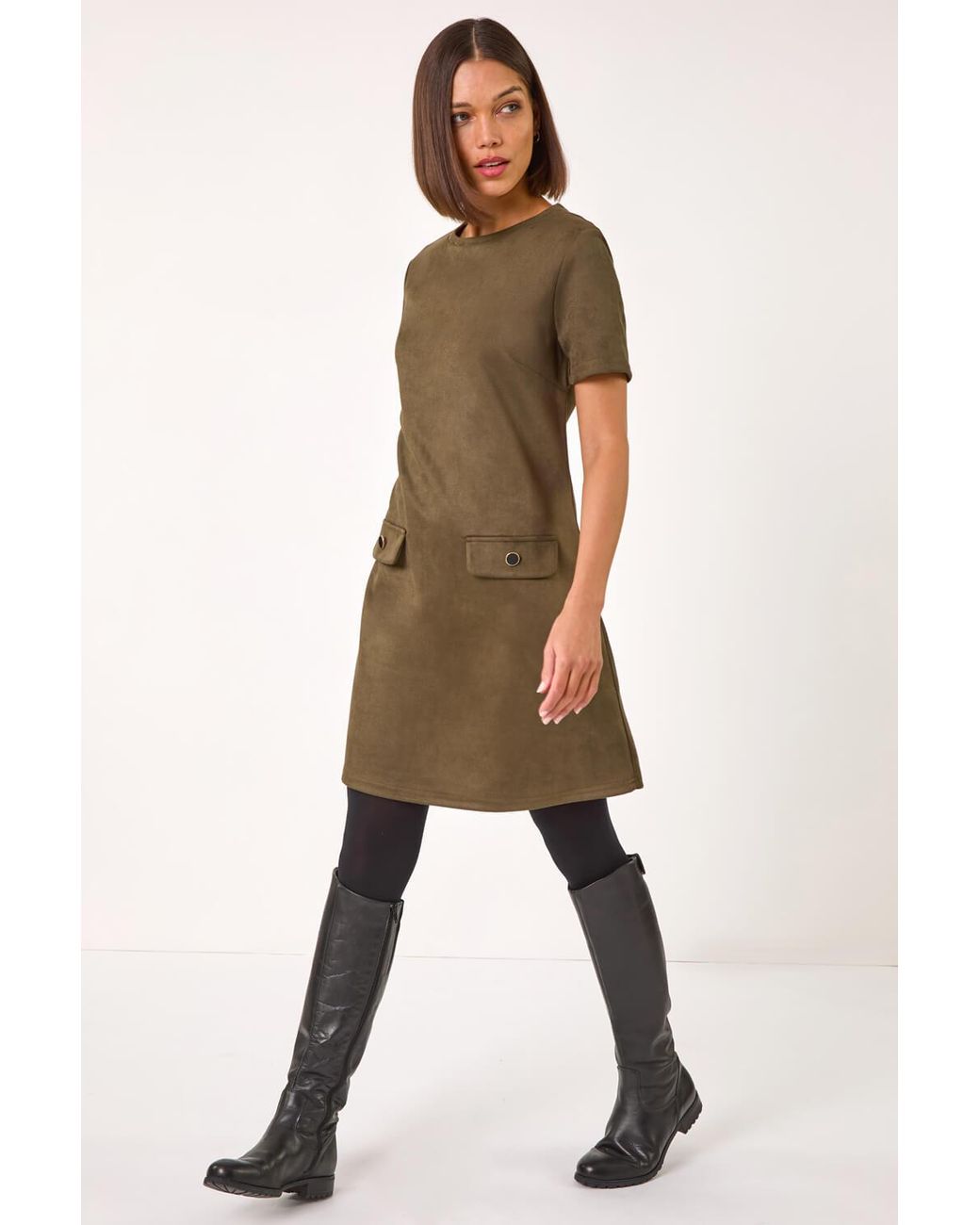 Roman Natural Suedette Button Shift Stretch Dress