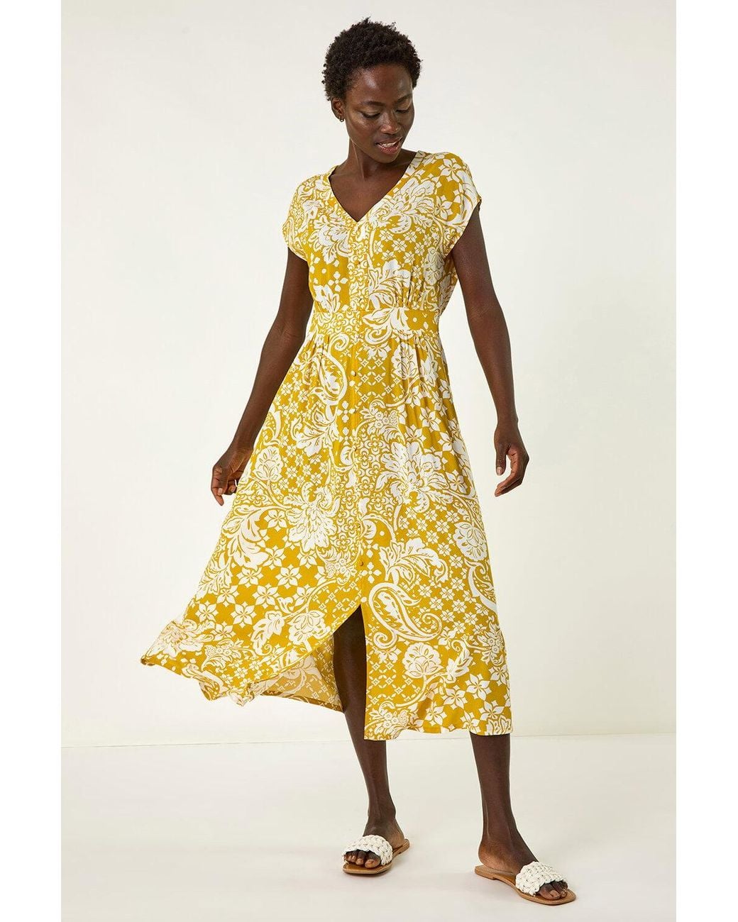 Roman Yellow Leaf Print Button Midi Dress