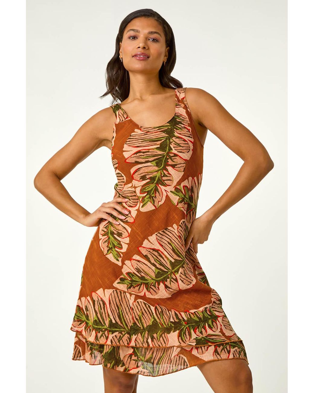 Roman Metallic Leaf Print Double Layer Dress