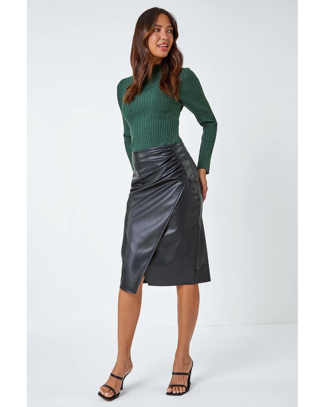 Roman Green Faux Leather Ruched Wrap Skirt