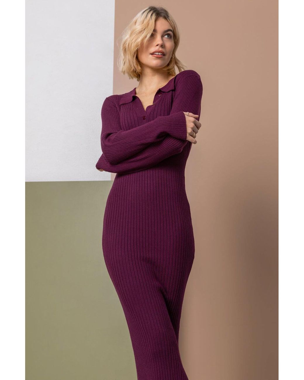 D.u.s.k Purple Ribbed Knit Collar Midi Dress