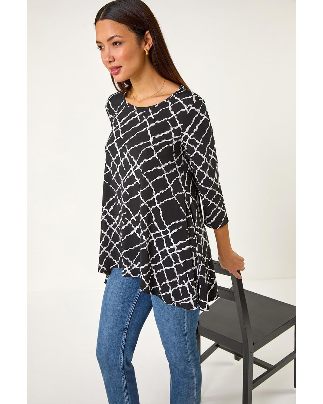 Roman Blue Abstract Check Print Asymmetric Tunic