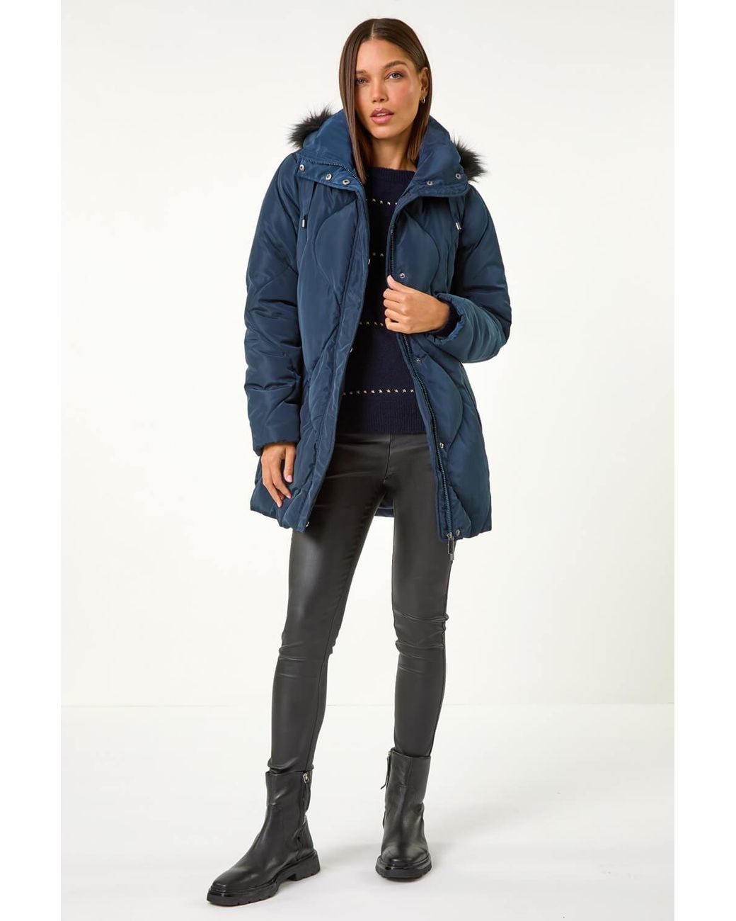 Roman Blue Quilted Faux Fur Hooded Coat