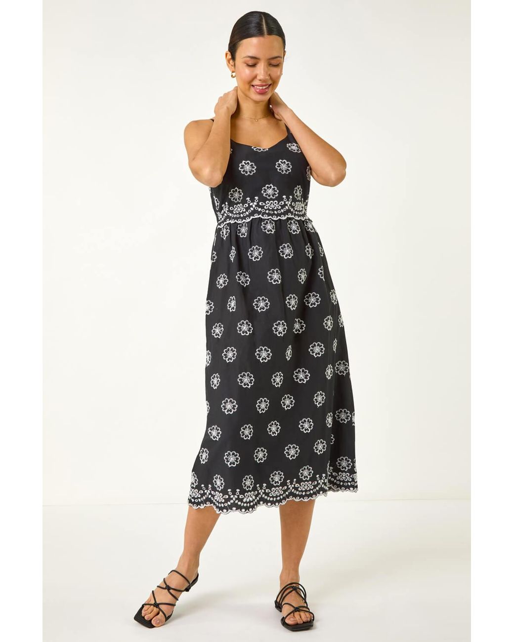 Roman Black Embroidered Strap Midi Sun Dress