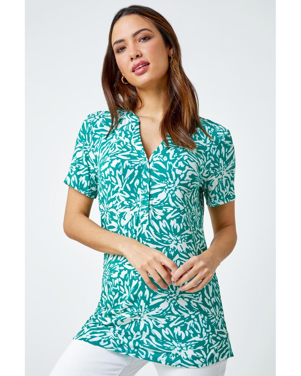 Roman Blue Abstract Floral Print V-Neck Top