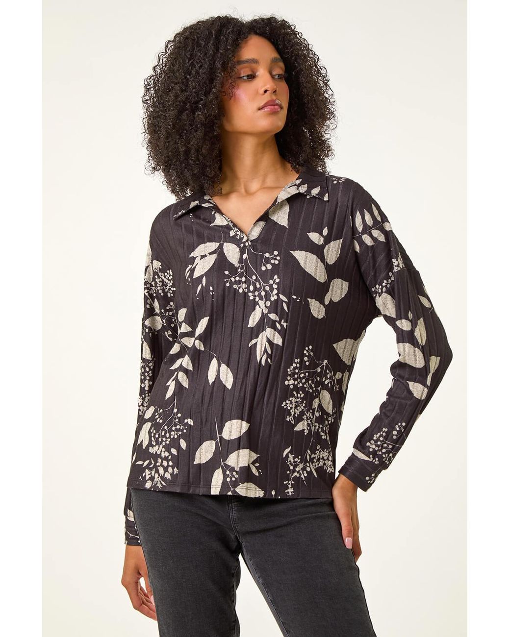 Roman Gray Mono Floral Collared Top