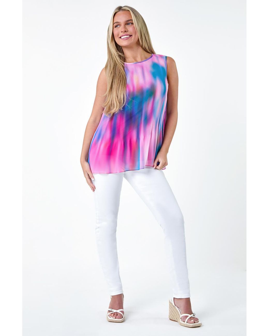 Roman Petite Pink Abstract Pleated Vest Top