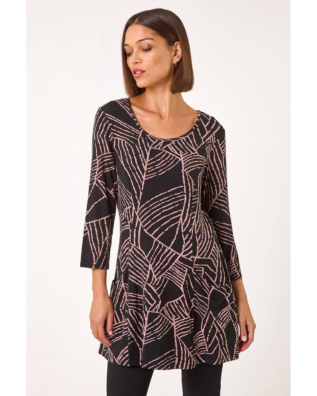 Roman Gray Abstract Print Pocket Detail Tunic