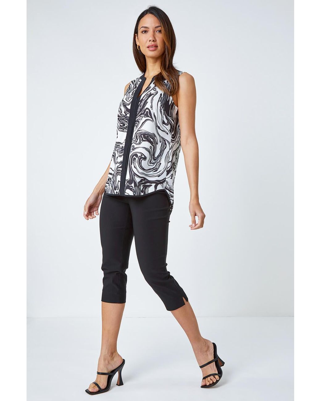Roman White Sleeveless V-Neck Marble Print Stretch Top