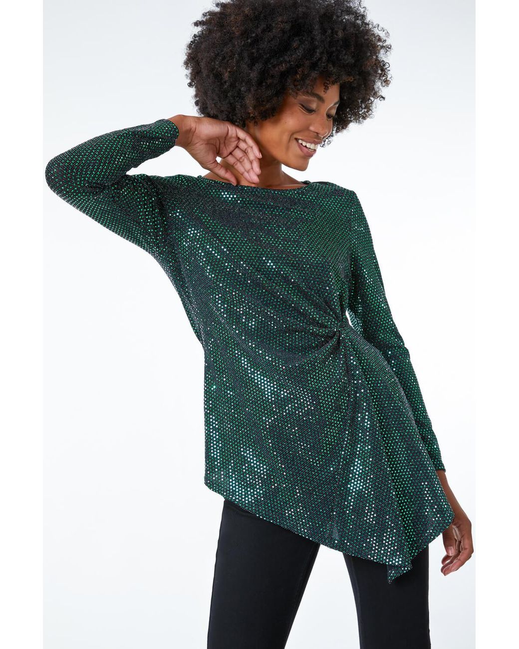 Roman Green Sequin Ruched Waist Jersey Top