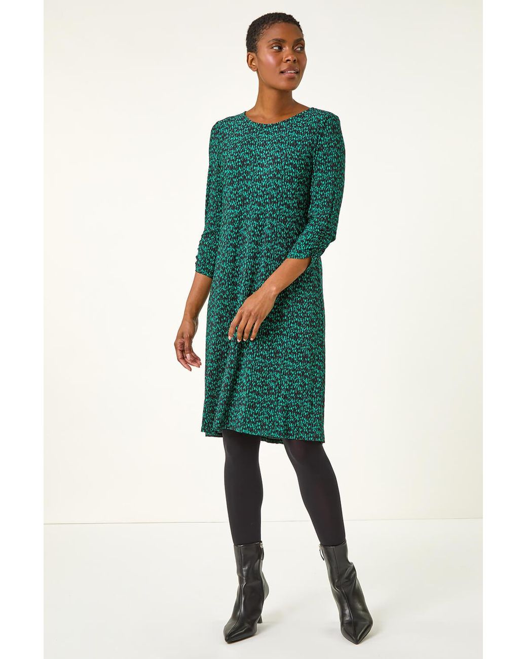 Roman Green Abstract Print Swing Hem Stretch Dress