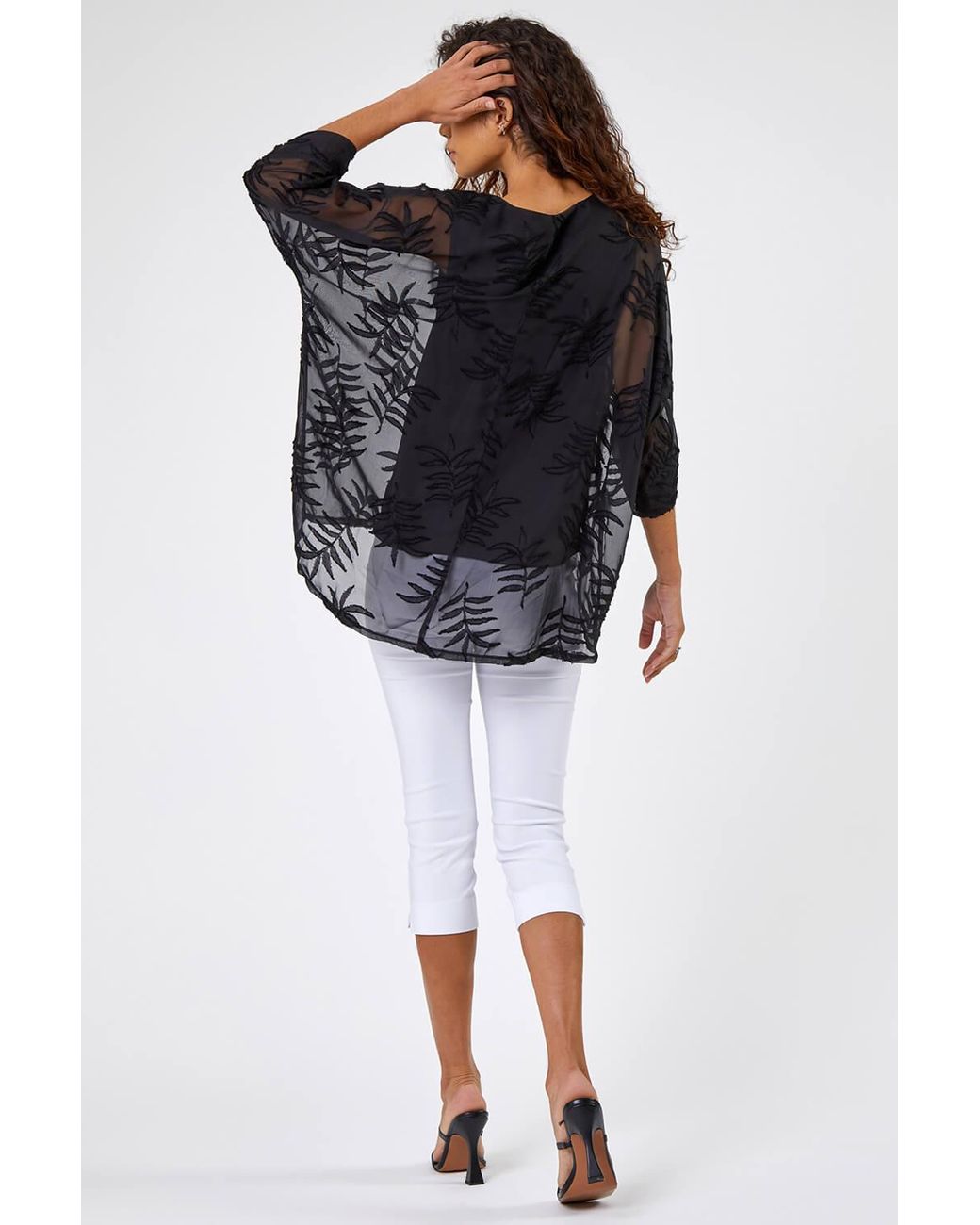 Roman Black Leaf Burnout Print Chiffon Overlay Top