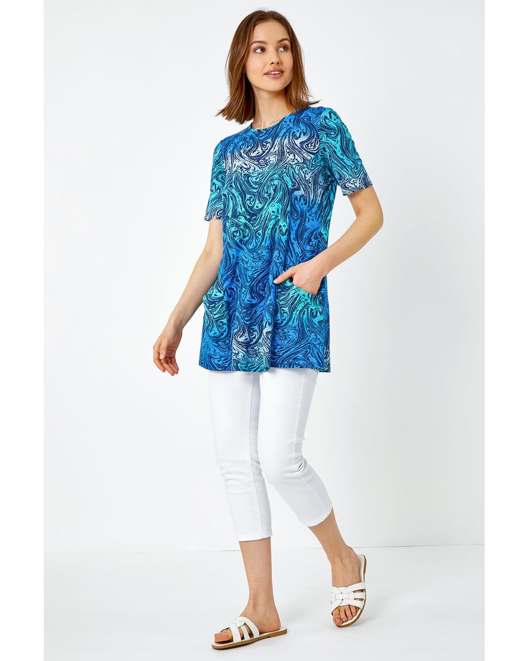 Roman Blue Swirl Print Stretch Pocket Tunic Top