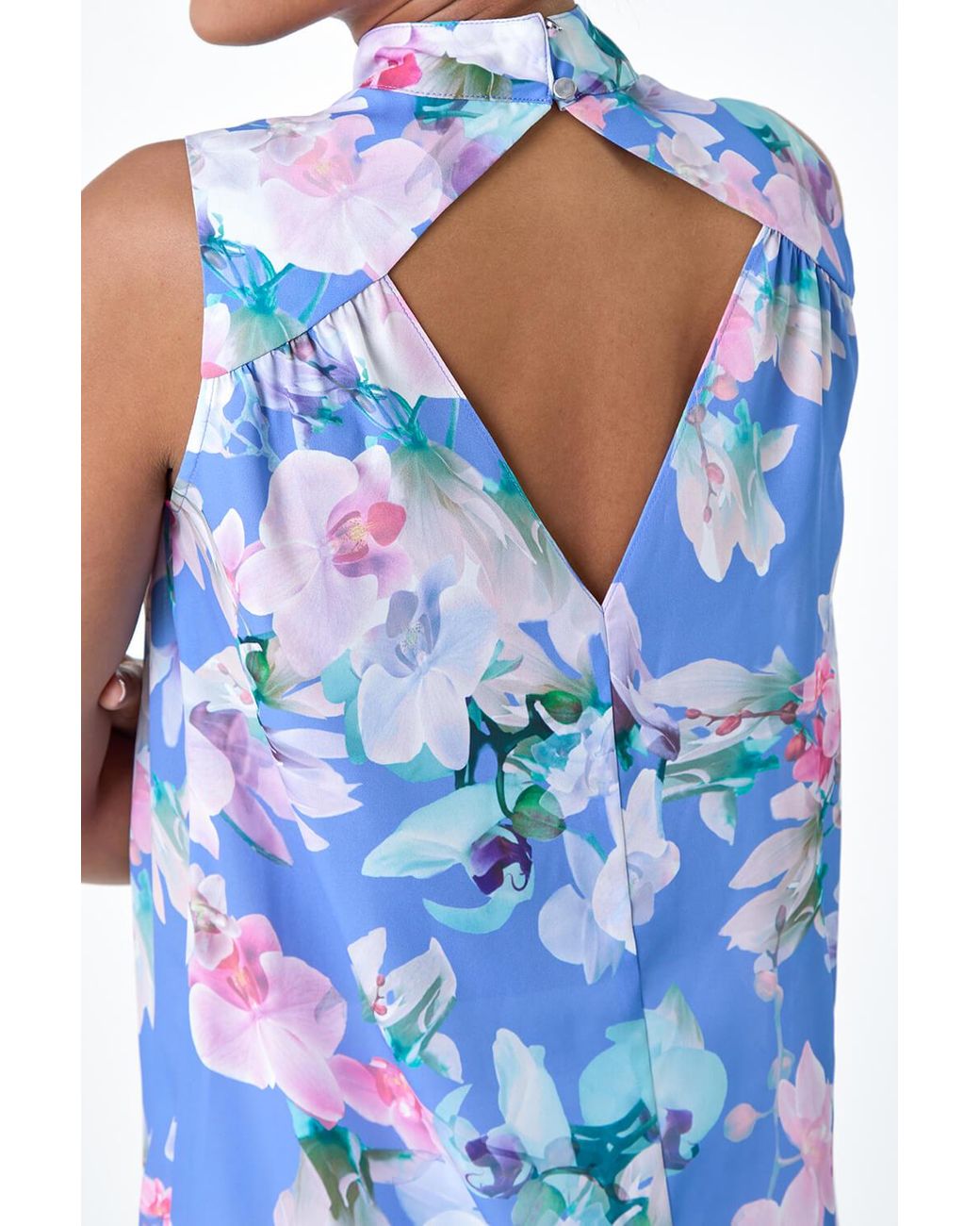 Roman Blue Floral Print High Neck Sleeveless Top