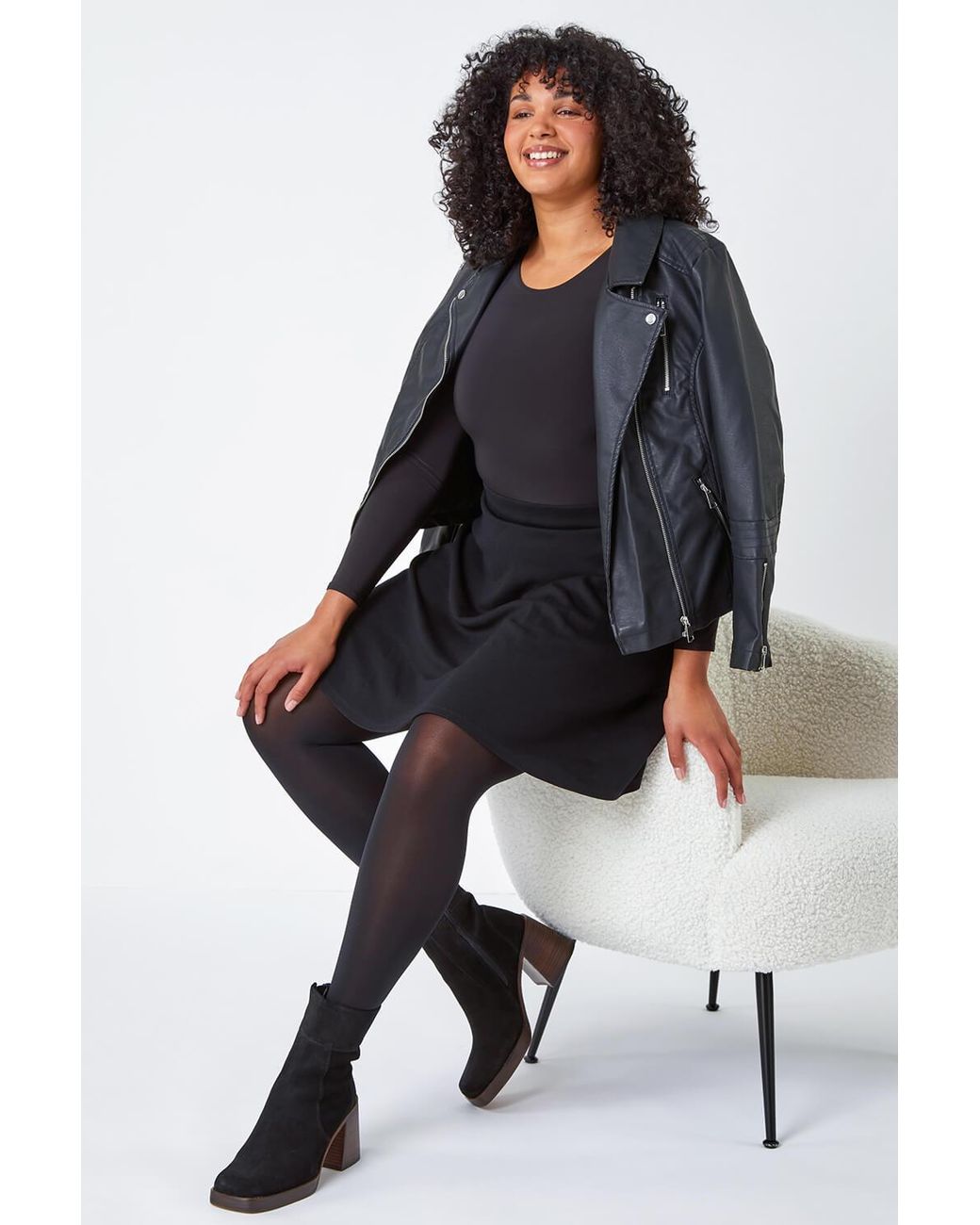 Roman Curve Black Elastic Waist A Line Skater Skirt