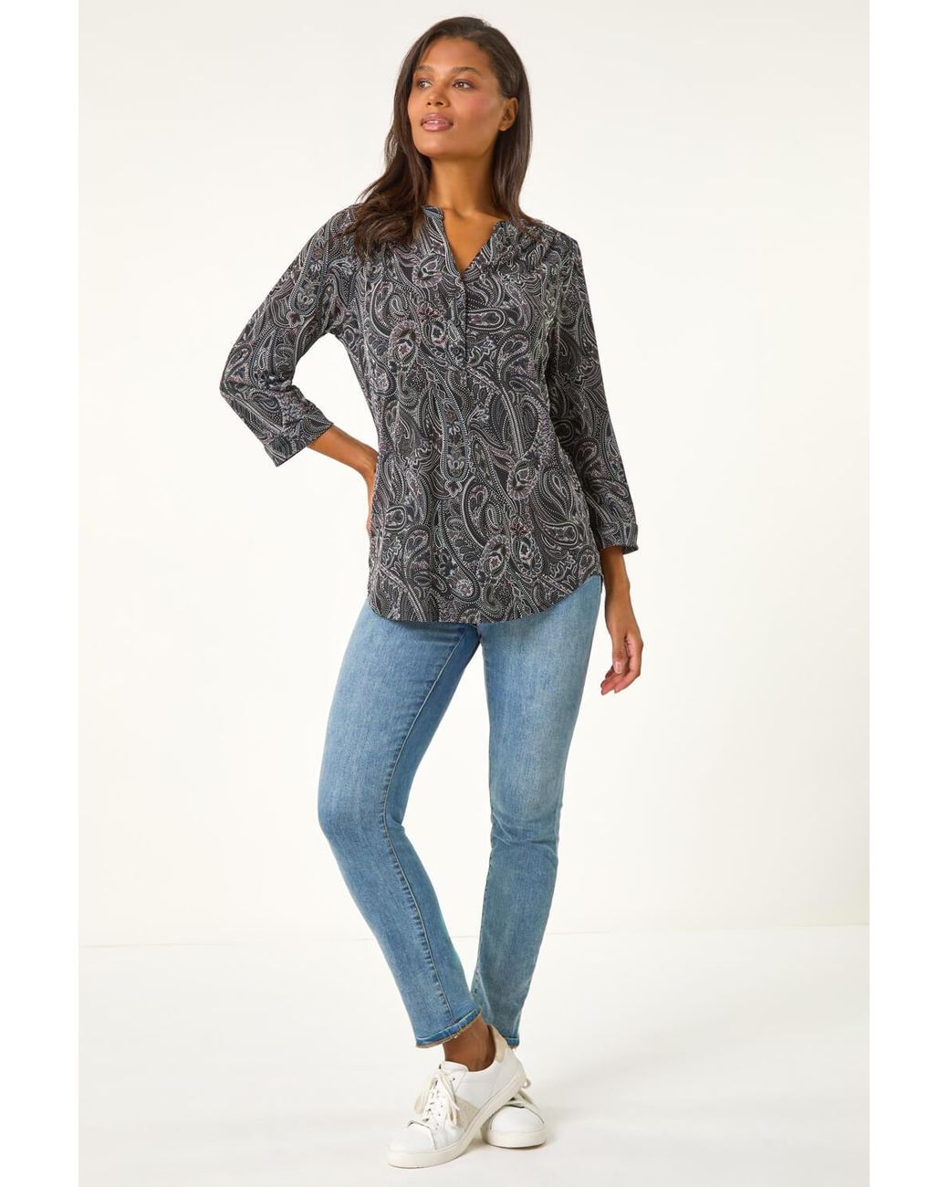 Roman Gray Paisley Print Stretch Blouse