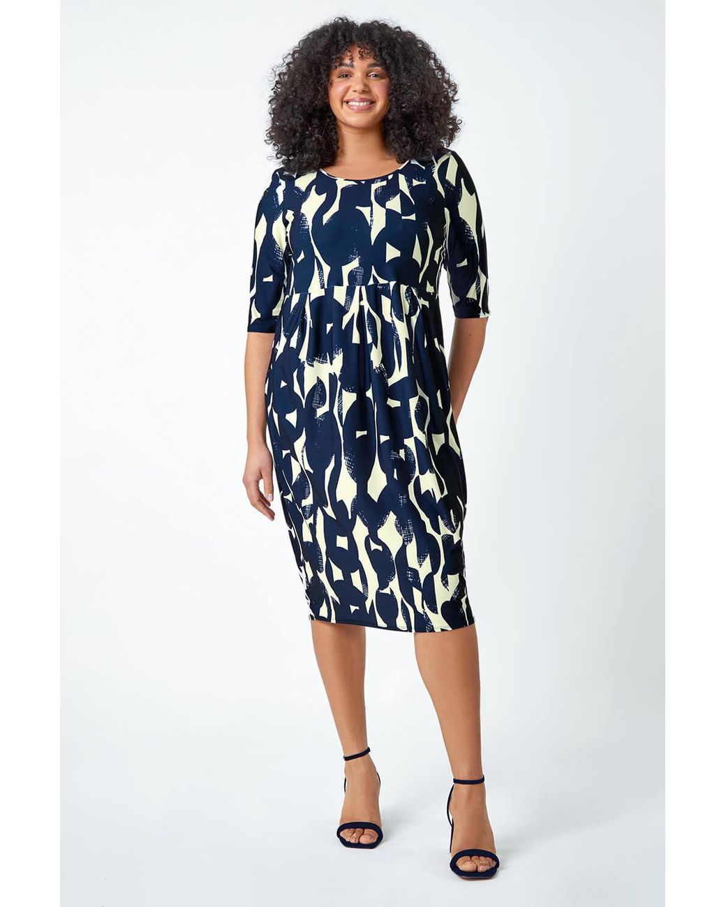 Roman Curve Blue Abstract Pocket Stretch Shift Dress