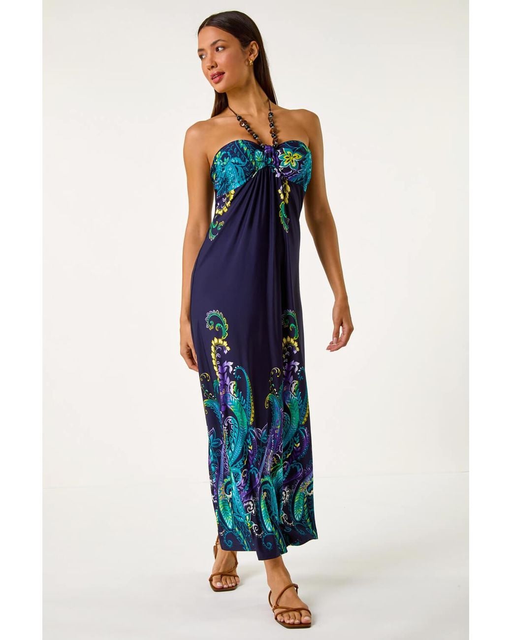 Roman Blue Paisley Beaded Necklace Bandeau Maxi Dress