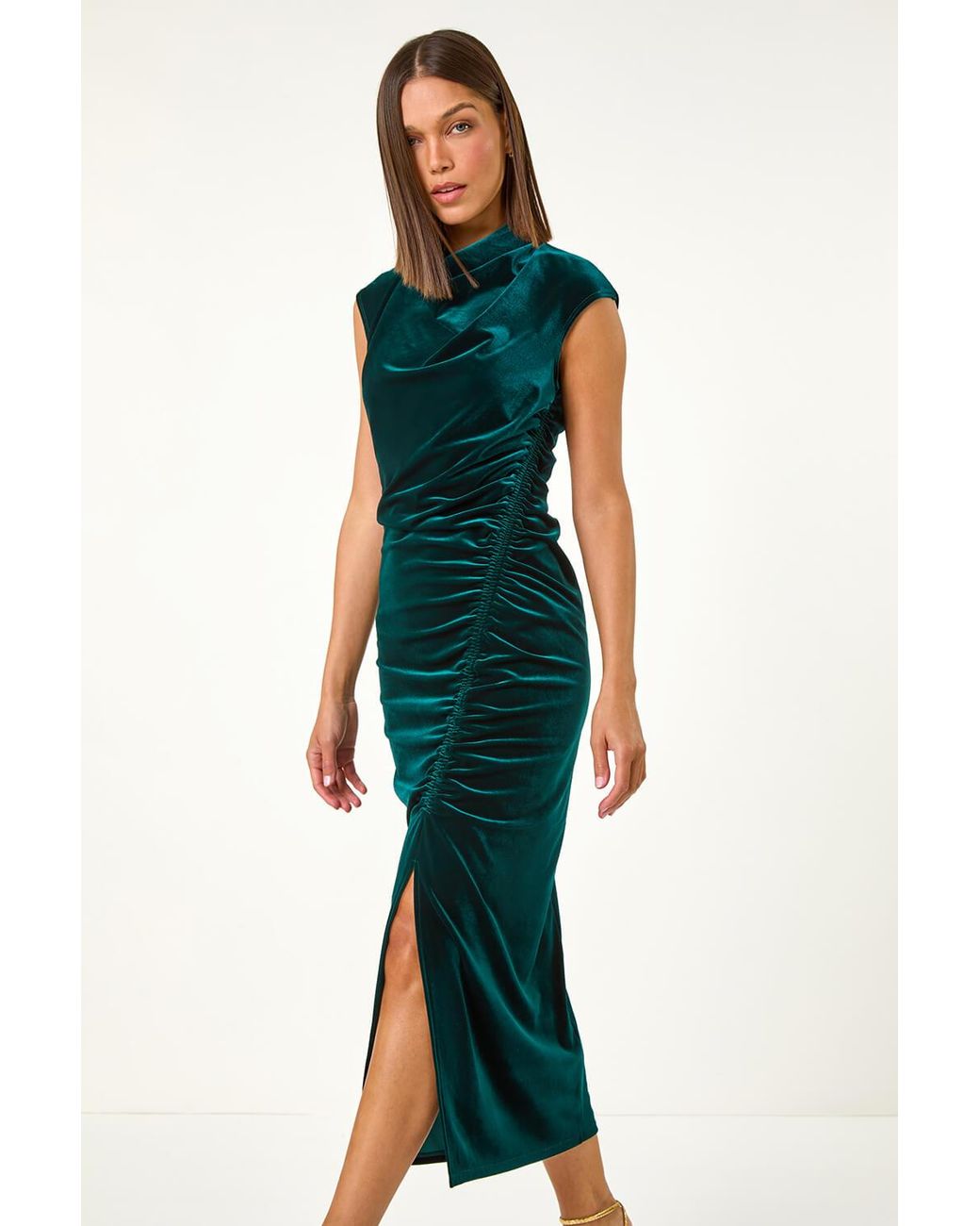Roman Blue High Neck Velvet Midi Dress