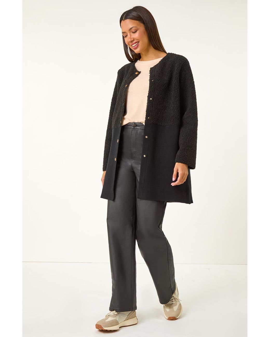 Roman Black Collarless Contrast Button Knit Jacket