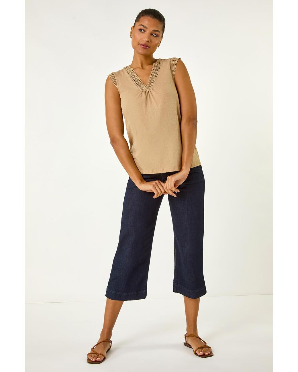 Roman Blue Lace Trim Tie V-Neck Top