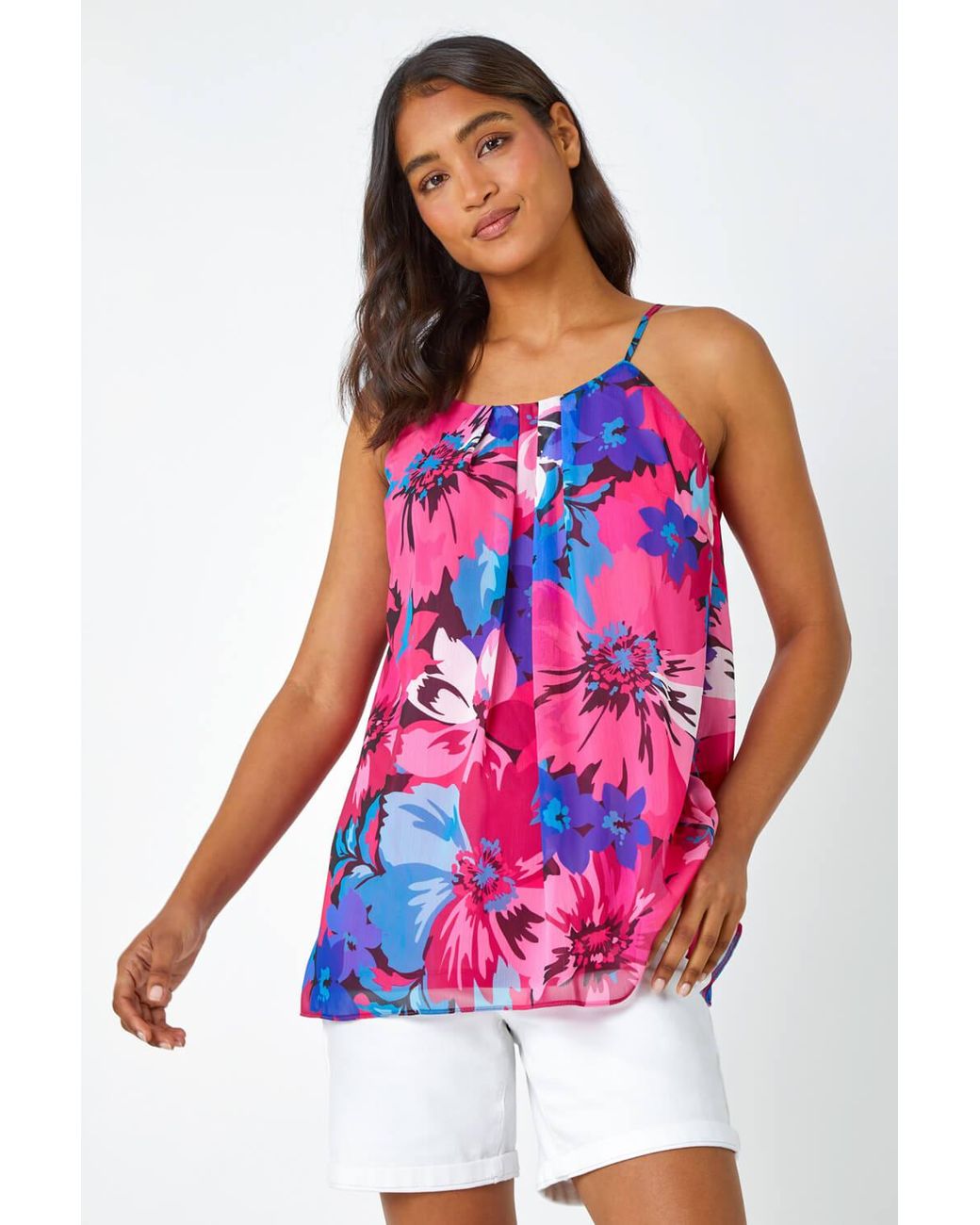 Roman White Floral Print Chiffon Cami Top