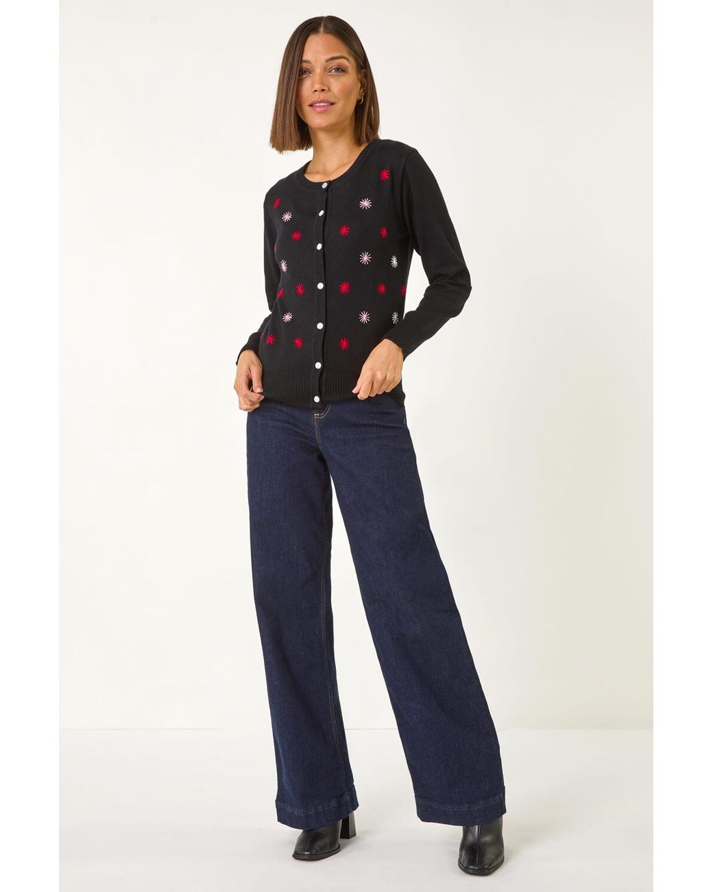 Roman Black Embroidered Daisy Knit Cardigan